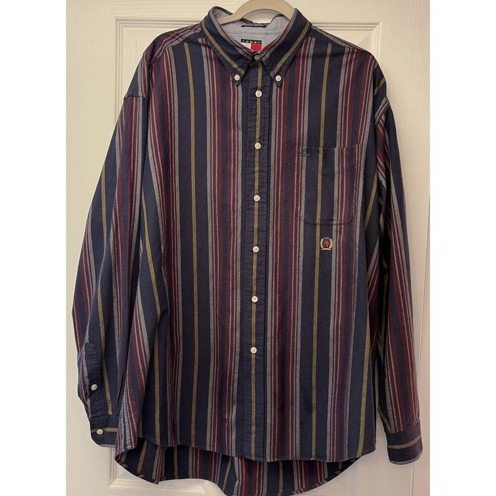 Vintage Tommy Hilfiger Striped Button Down Shirt Men's XL 90’s Singapore cotton